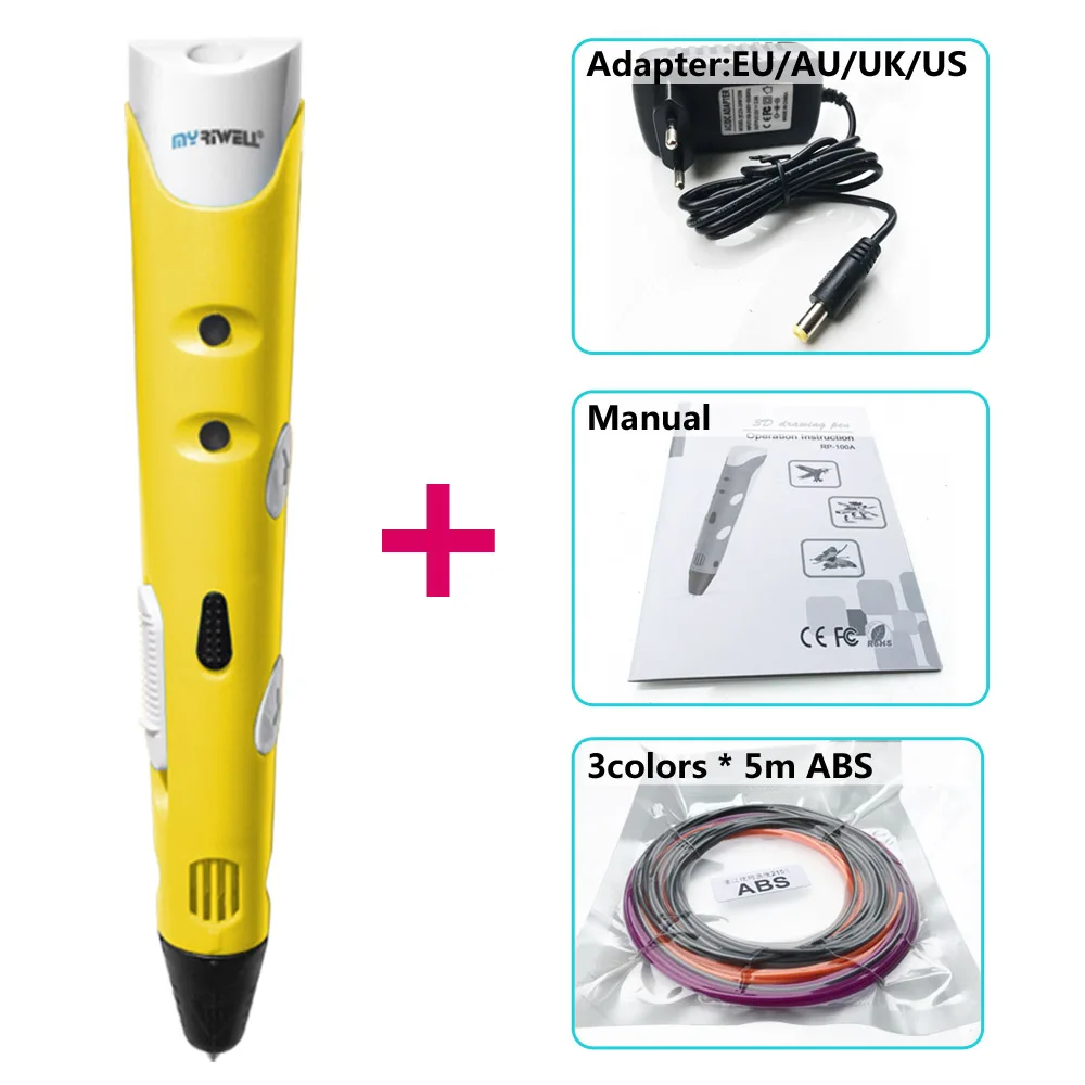 Myriwell 3d Ручка 3d ручки, 1,75 мм ABS/PLA нити, 3 d pen3d модель, лучший подарок для детей, 3d Рисунок pen-3d - Цвет: Yellow