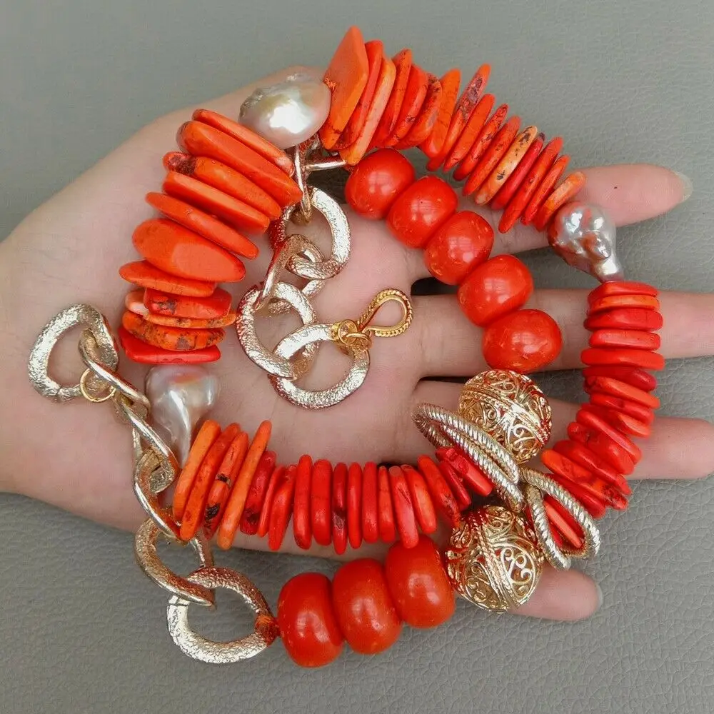 2" культивированный Кеши жемчуг оранжевый диск necklace SE коралл ожерелье