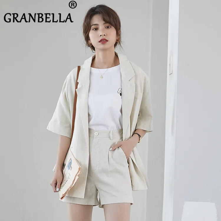 

Spring summer cotton and linen women solid color blazer shorts set short suits for women stylish blazer and shorts