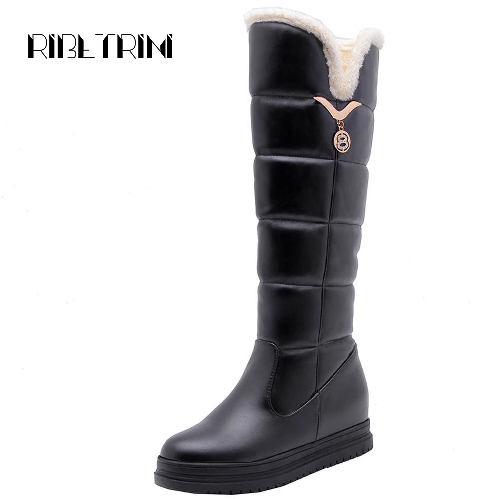 

RIBETRINI Winter Fur Boots Women Hot Hidden Low Wedge Heel Shoes Woman Round Toe Platform Warm Slip On Knee Boots Big Size 43