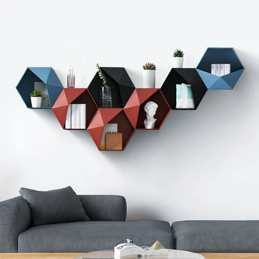 Easy Install Home Decor Storage Wall Mounted Crafts Living Room Hexagon Shape Organizer Storage Rack Combination Office Shelf