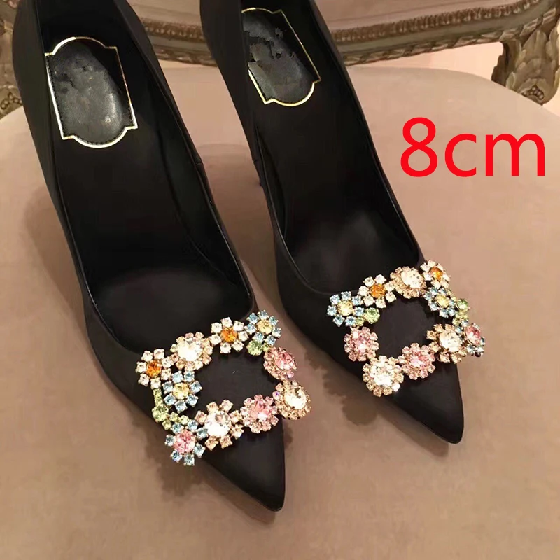 8cm color black Люксовый бренд высокая обувь на каблуке женские туфли-лодочки на высоком каблуке с модные классические Стразы с квадратной пряжкой; Свадебная обувь с украшением женские туфли-лодочки mujer - Цвет: 8cm color black