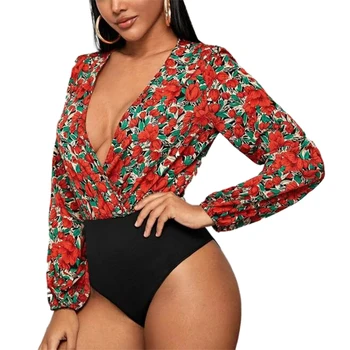 

Women's Bodycon Bodysuits Sexy Floral Tops Shirt V Neck Jumpsuit Romper Bodysuit Leotard