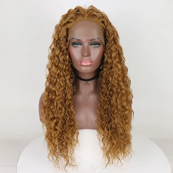 

150% Density #27 Blonde Curly Synthetic Lace Front Wig with Middle Part for Black Women Glueless Realistic Daily Wear Makeup Wig
