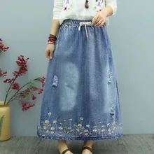 Женская джинсовая юбка большого размера, весна-лето, Женская рваная джинсовая юбка с цветочной вышивкой, Свободная Повседневная Длинная юбка макси