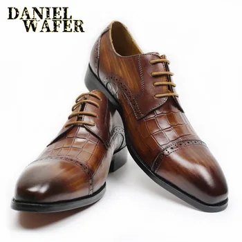 

LUXURY MEN LEATHER SHOES FASHION DERBY BALCK BROWN LACE UP CAP TOE POINTED TOE OFFICE WEDDING DRESS FORMAL SHOES MEN