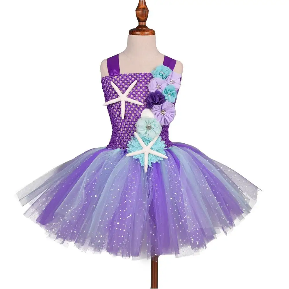 Новая юбка-пачка в стиле Русалочки для девочек, платье в морском стиле, праздничный костюм для дня рождения с цветком, повязка на голову, платья в морском стиле, От 1 до 12 лет - Цвет: Фиолетовый