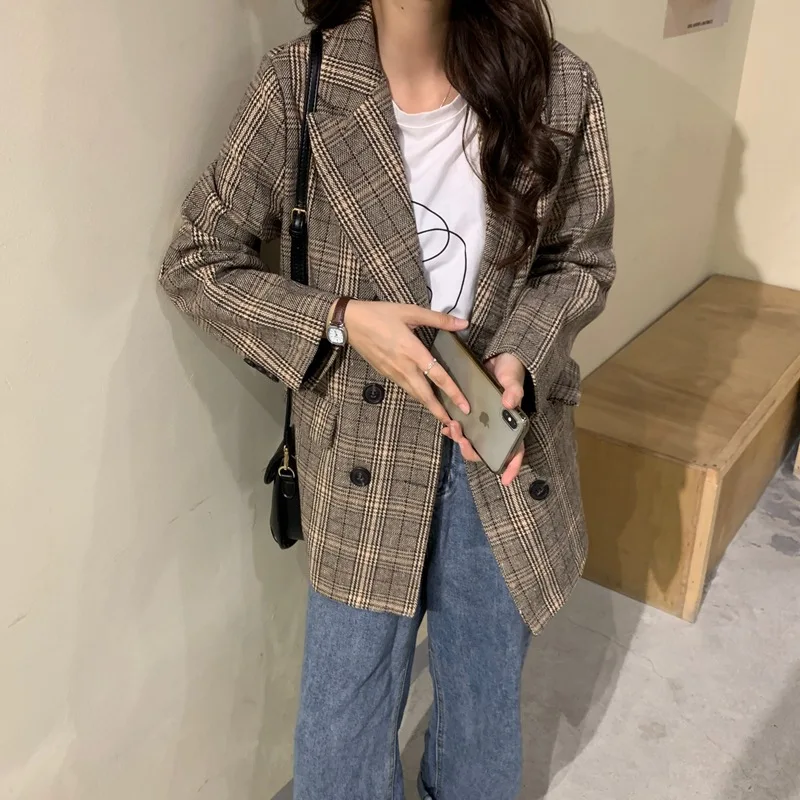 

2019 Korean-style New Style Woolen Plaid Small Suit Women's Short Retro Suit Coat Thick