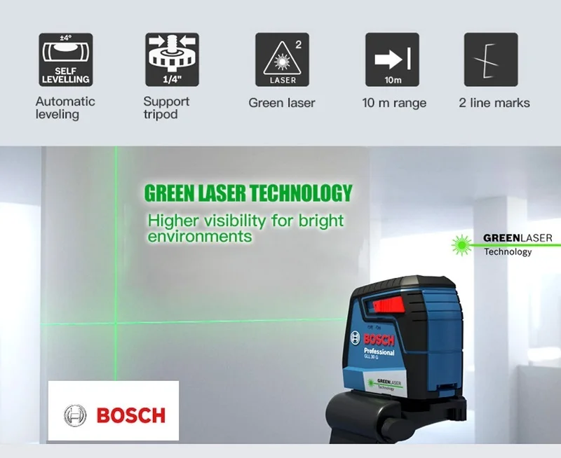 Лазерный нивелир Bosch GLL30G, высокоточный зеленый светильник, двухлинейный горизонтальный и вертикальный лазерный нивелир, светильник