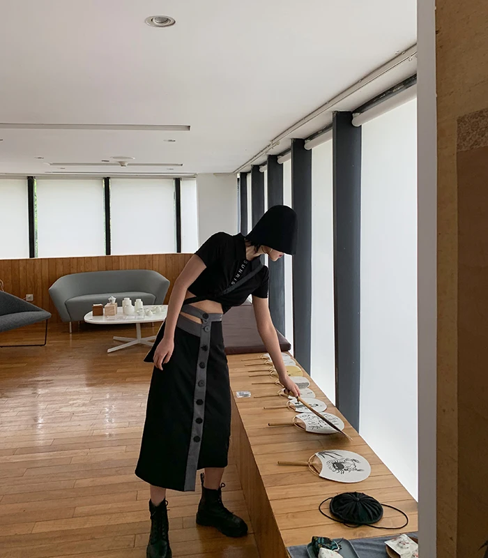 [DEAT] Knited Multi-buckle Hit Color High Elastic Waist Half-body Skirt Women Fashion Tide New Spring Summer 2020 13T204