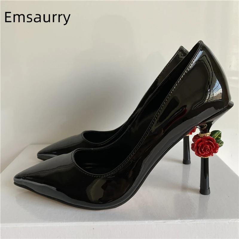 Sexy Patent Leather High Heel Pumps Women Unique Rose Flower Pointy Toes Slip On Strange Banquet Shoes Woman | Обувь