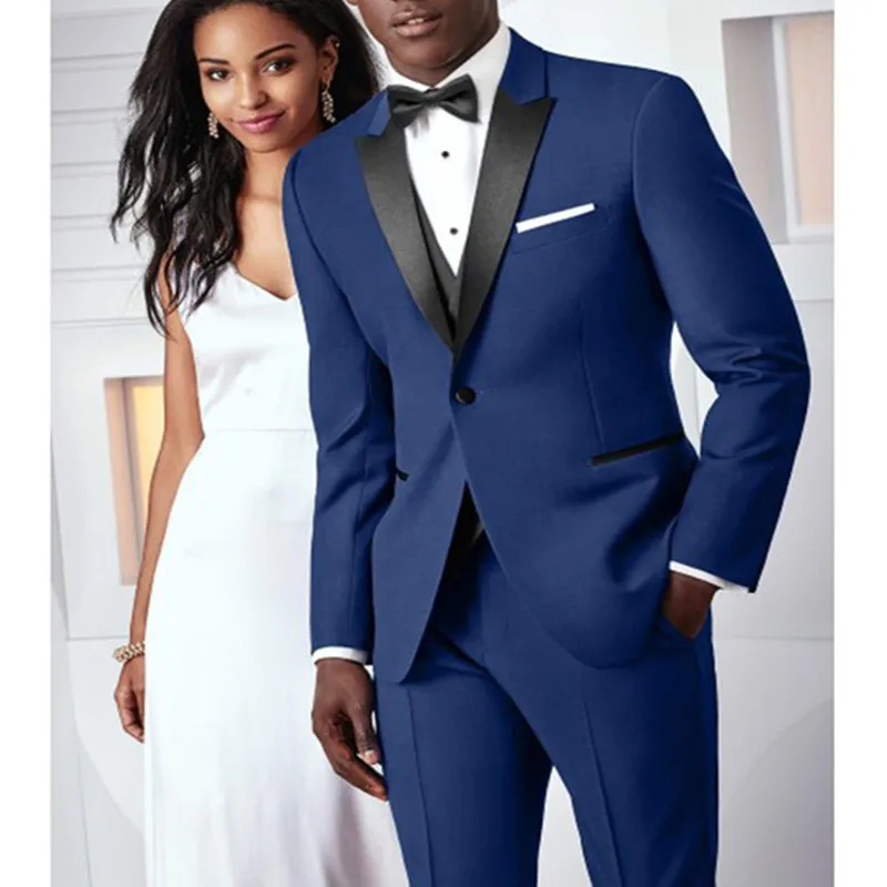 

2017 New dark blue Groom Tuxedos Black Pesked Lapel Groomsman Suit Custom Made Man Suits for Wedding suit (Jacket+pants+vest)