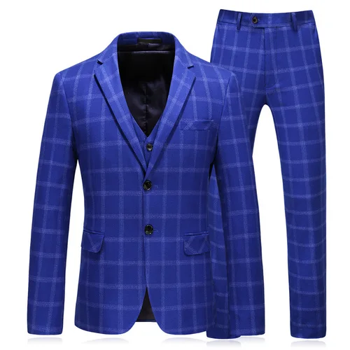 Пиджак+ жилет+ брюки) мужской бутик плед свадебное платье набор из трех частей мужской формальный бизнес повседневный наряд - Цвет: Королевский синий