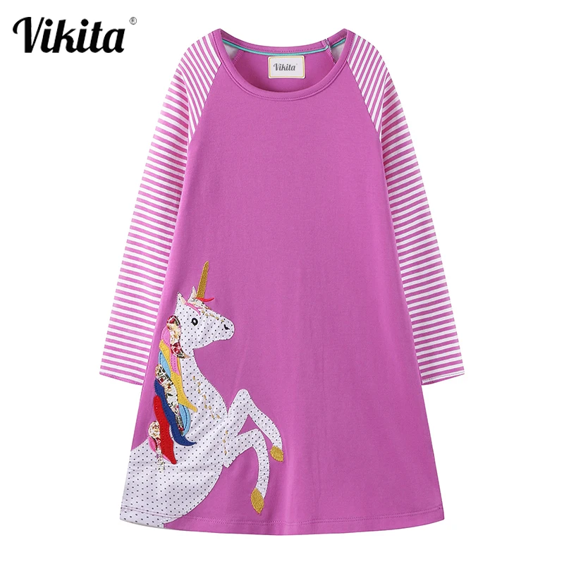 

VIKITA Kids Dresses for Girls Unicorn Vestidos Autumn Spring Girl Cotton Clothes Children Costume Licorne Appliques Casual Dress