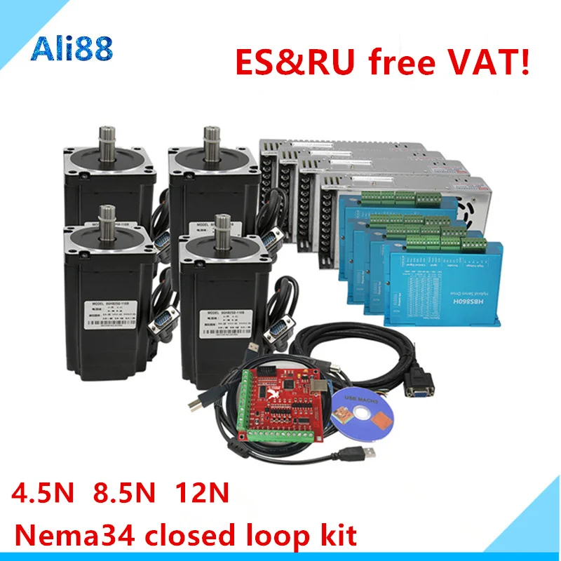 US $469.16 Free Shipping 4 Axis Cnc Closed Loop Stepper Motor KitNema 34 85NM Step Motor Driver HBS860H