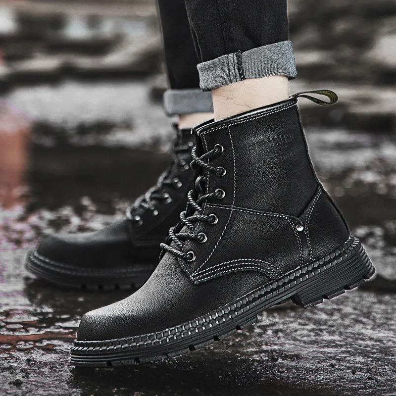 

Martin Boots Men's Genuine Leather Elevator Casual Large Size Hight-top Boots Men's Winter Cotton-padded Shoes with Velvet Leath