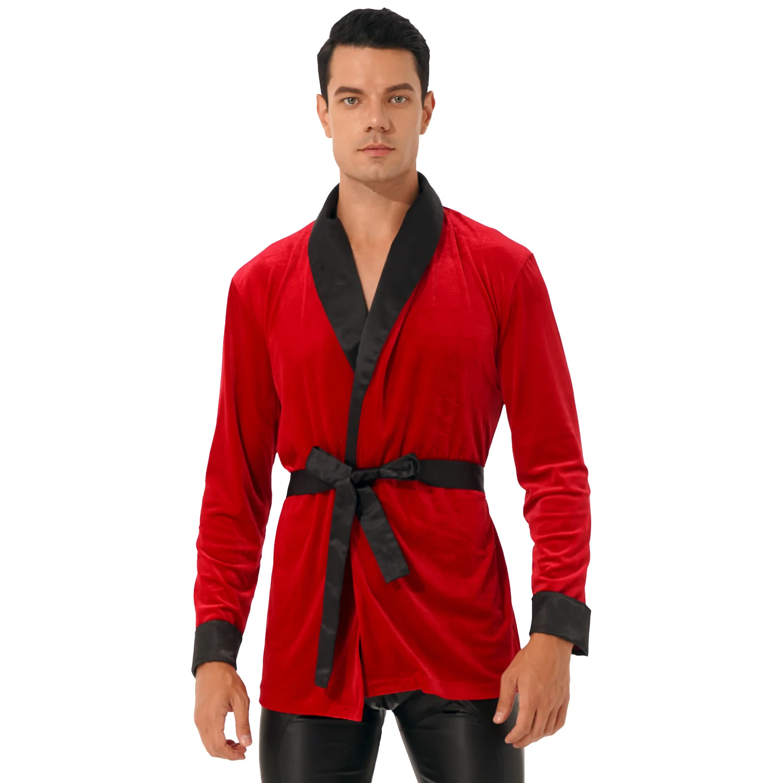 

Man Adult Velvet Christmas Sleepwear Mens Kimono Bathrobe Nightwear Long Sleeve Night-robe Tops with Belt Santa Cosplay Costume