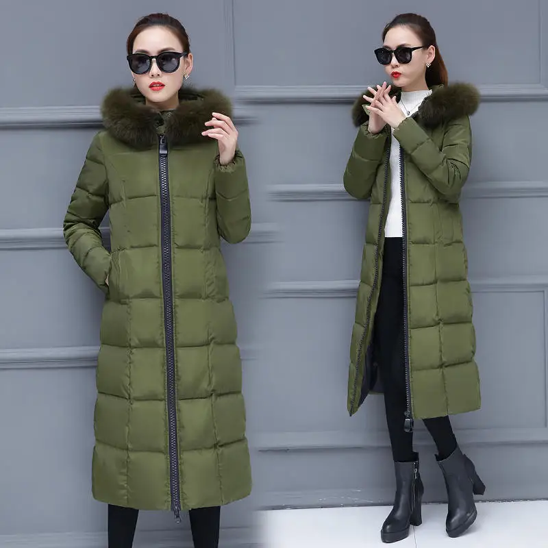 Army green Parkas Длинная зимняя куртка женская одежда негабаритный теплый толстый пуховик хлопковое пальто женский меховой воротник стеганое тонкое зимнее пальто Верхняя одежда Q2015 - Color: Army green Parkas