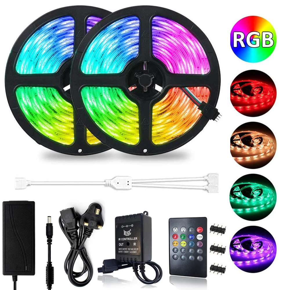 

10M 5M RGB LED Strip Music Sound Sync 300 LEDs Color Changing SMD 2835 LED Strip Light Music IR Remote DC12V Power Adapter