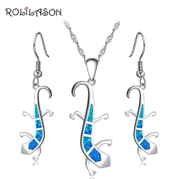 

ROLILASON Large earrings pendant necklace Silver stamped 925 Blue Gecko fire opal set for women party gift OS036