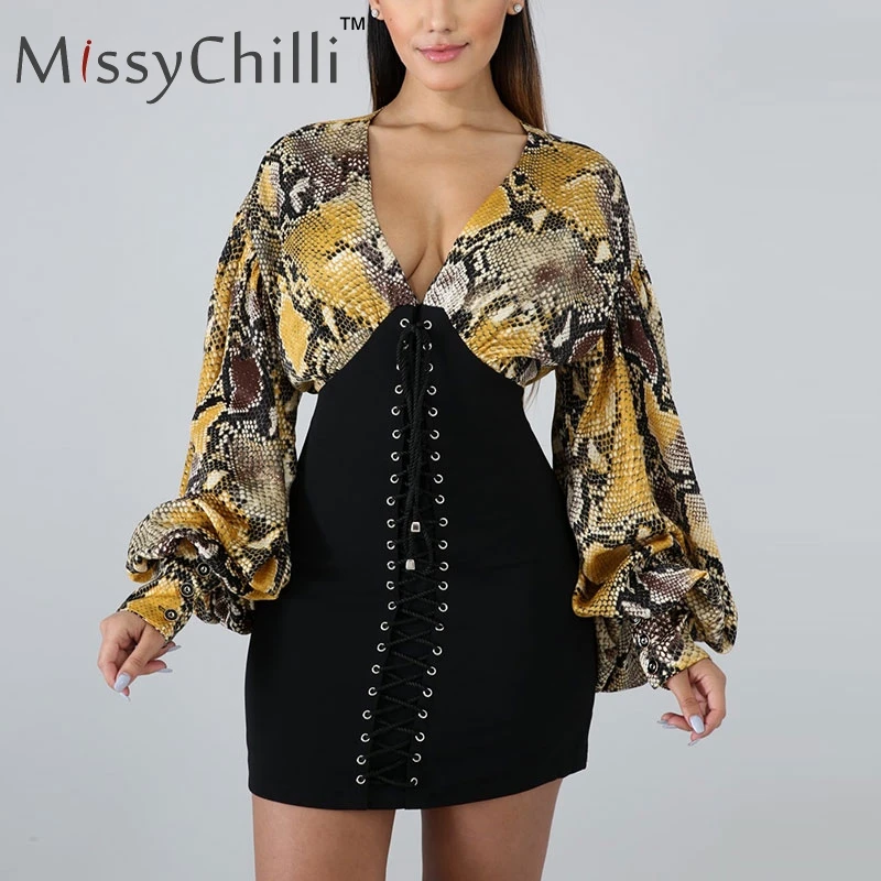 

MissyChilli Snake print v neck sexy mini dress Women long flare sleeve bodycon dress Elegant female summer golden party dresses