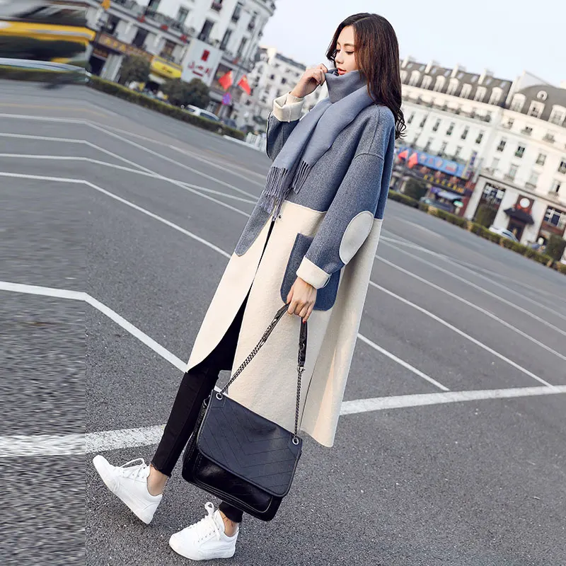 Женское популярное цветное шерстяное пальто в стиле пэчворк осеннее и зимнее новое шерстяное пальто в Корейском стиле свободного кроя длиной до колена