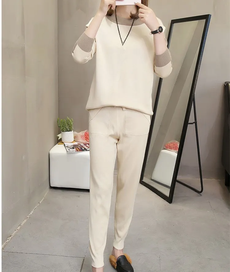2018 Женский вязаный комплект из двух предметов новый осенне зимний свитер и брюки