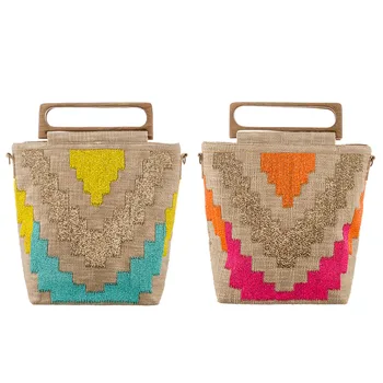 

2020 Spring，Women handbag，Zip and front clip closure, external decorations with accessories, Two wooden handles，AMN-BO2400