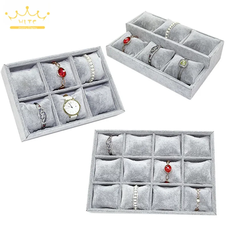 Bracelet Watch Display Tray Jewelry Holder Grey Velvet Tray Jewelry Pillow Display Prop Watches Bangle Ring Showcase Tray Plate