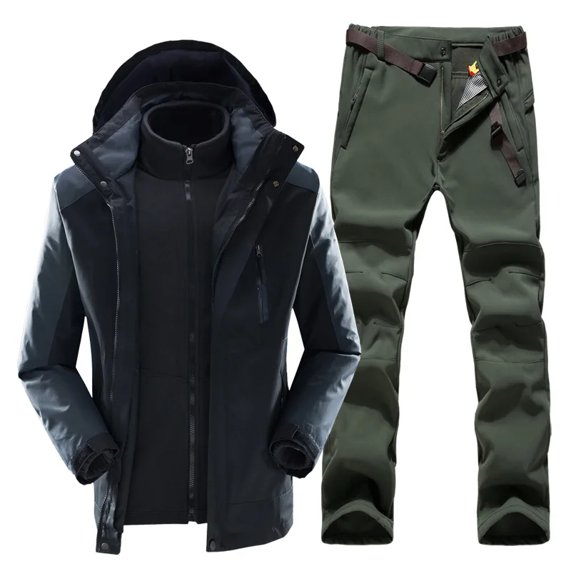 

Winter Men 3-in-1 Hiking jacket & Hiking Pants Fleece liner thick Thermal Tracksuit Outdoor Waterproof mountaineering ski suit