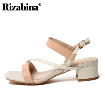 

Rizabina Women High Heel Sandals Genuine Leather Thick Heel Summer Shoes Woman Fashion Mixed Color Shoes Woman Size 33-40
