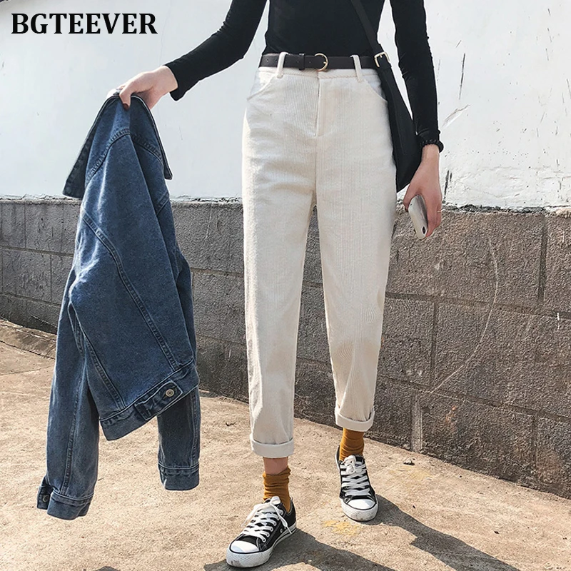 BGTEEVER вельветовые уличные женские брюки с высокой талией, зимние плотные женские брюки, осенние зимние штаны-шаровары pantalon femme - Цвет: white