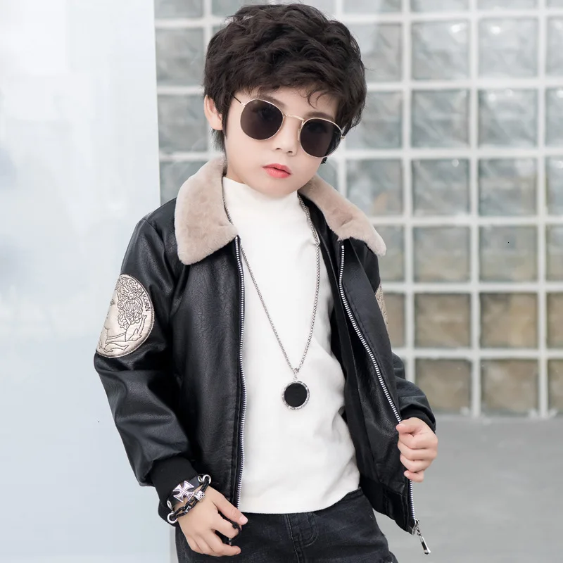 

Leather Jacket Boys Winter Leather Clothing Winter Baby Warm Fleece Coat Thickening Children Jacket Turn Down Collar PU Jackets