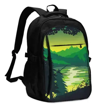 

Hot USB Charging Laptop Women's Backpack For Students Girls School Backpack Forest River And Mountains Landscape Travel Bagpack