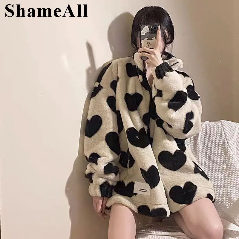 Chaqueta de piel de peluche con estampado de corazón para mujer, abrigo de piel sintética grueso, esponjoso y holgado, para invierno
