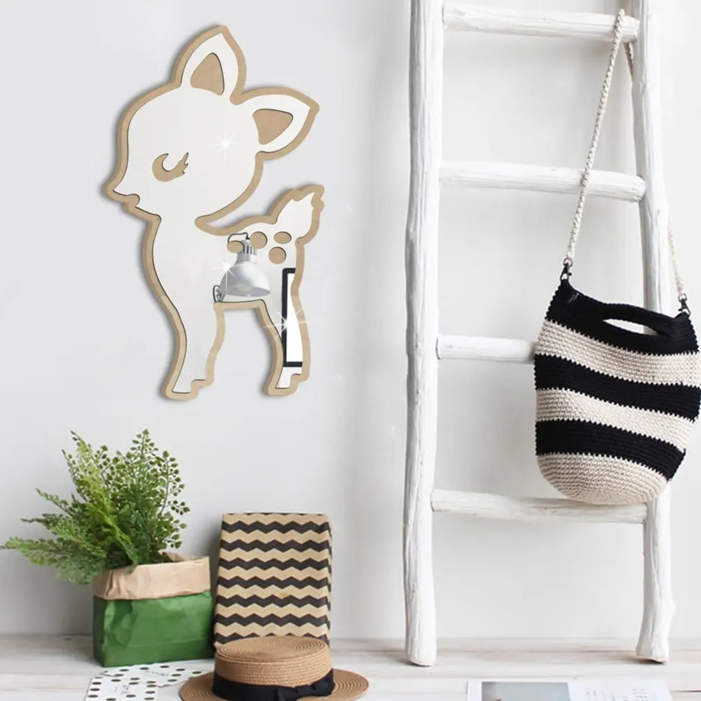 Lovely Design Animal Shape Mirror Wooden Wall Sticker With Hanging Hook Removable Self-adhesive Children Room Home Decoration