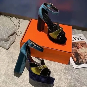 

Woman Summer Sandals 2020 Fashion Velvet Women Super High Heels Pumps Mixed Color Platform Wedge Sandal Women Party Dress Shoes