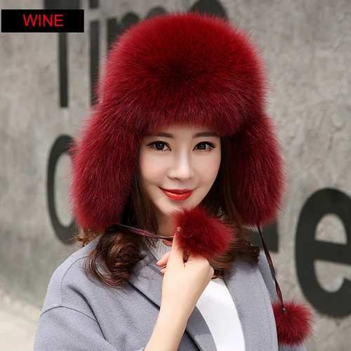 Wine red Женские шапки-ушанки из натурального Лисьего меха, зимние шапки-бомберы Oren, женские шапки-бомберы из натурального Лисьего меха - Цвет: Wine red