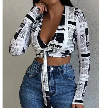 

Women White Newspaper Print Tie Front Crop Top Long Sleeve V-neck Bow Tie Crop Top T shirs