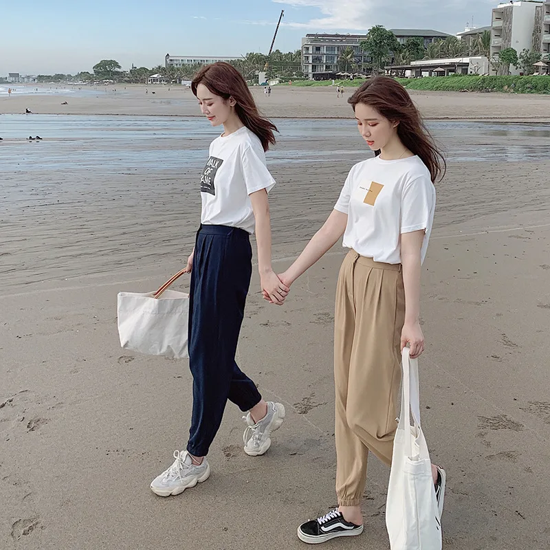 

Fashion T + Elastic Waist Ankle Banded Pants Two-Piece Set