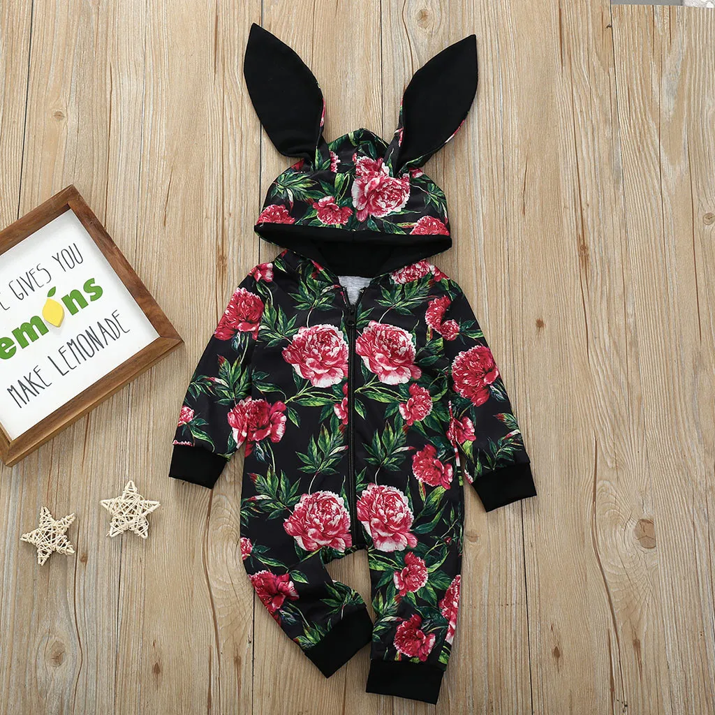 

New Infant Baby Girls Jumpsuit Newborn Baby Flower Print Zip Hooded Romper Newborn Girl Bunny Ears Cute Warm Jumpsuit #LR4