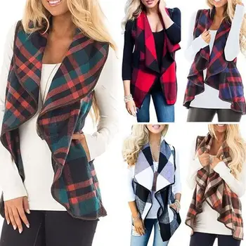 

Women Autumn Plaid Sleeveless Lapel Collar Vest Coat Cardigan Woolen Outwear
