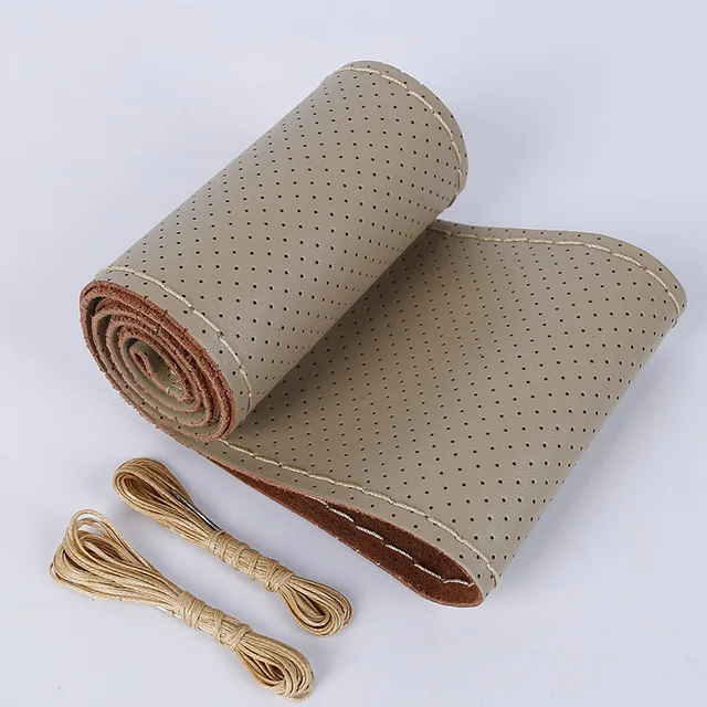 Car Steering Wheel Cover Braid Soft Texture Car Covers With Needles And Thread Artificial Leather Car Styling Covers 2-beige