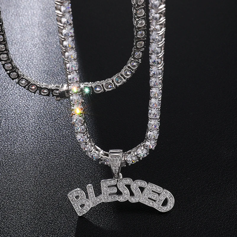 Хип хоп Bling Iced Out BLESSED буквы кубический циркон ожерелья и подвески для мужчин