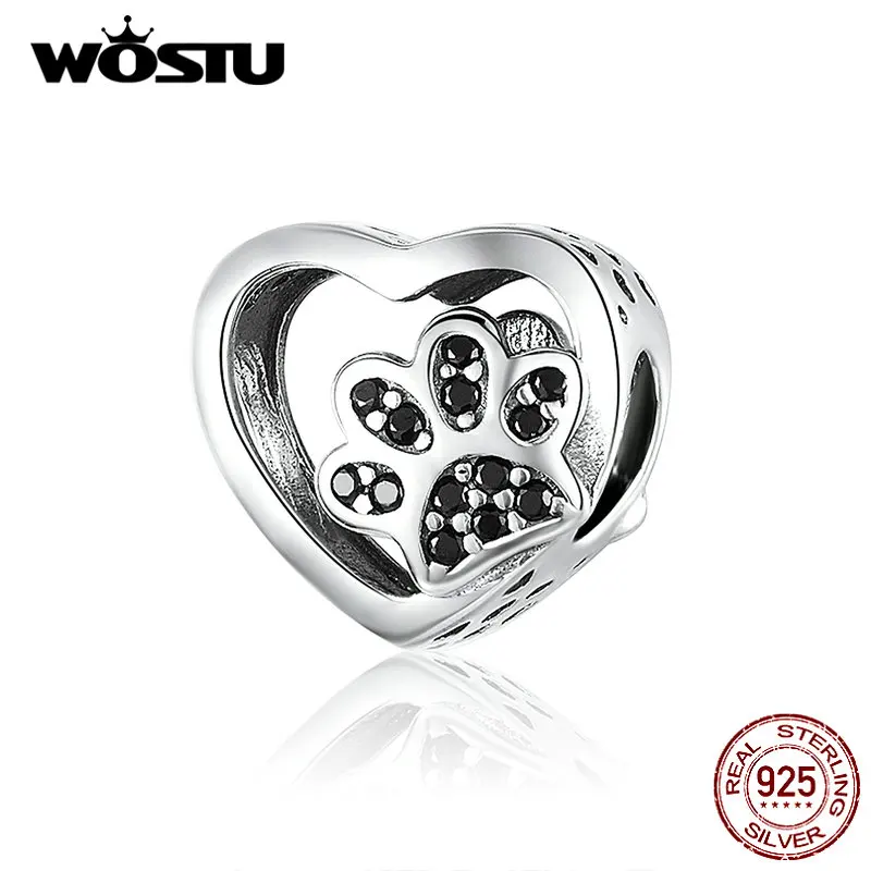 WOSTU 925 пробы серебро сердце лапа собаки бусины черная эмаль Циркон Шарм Подходит браслет DIY ювелирных изделий DXC1191-BK