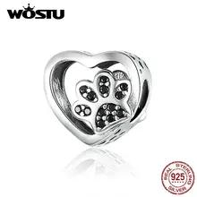 WOSTU 925 пробы серебро сердце лапа собаки бусины черная эмаль Циркон Шарм Подходит браслет DIY ювелирных изделий DXC1191-BK