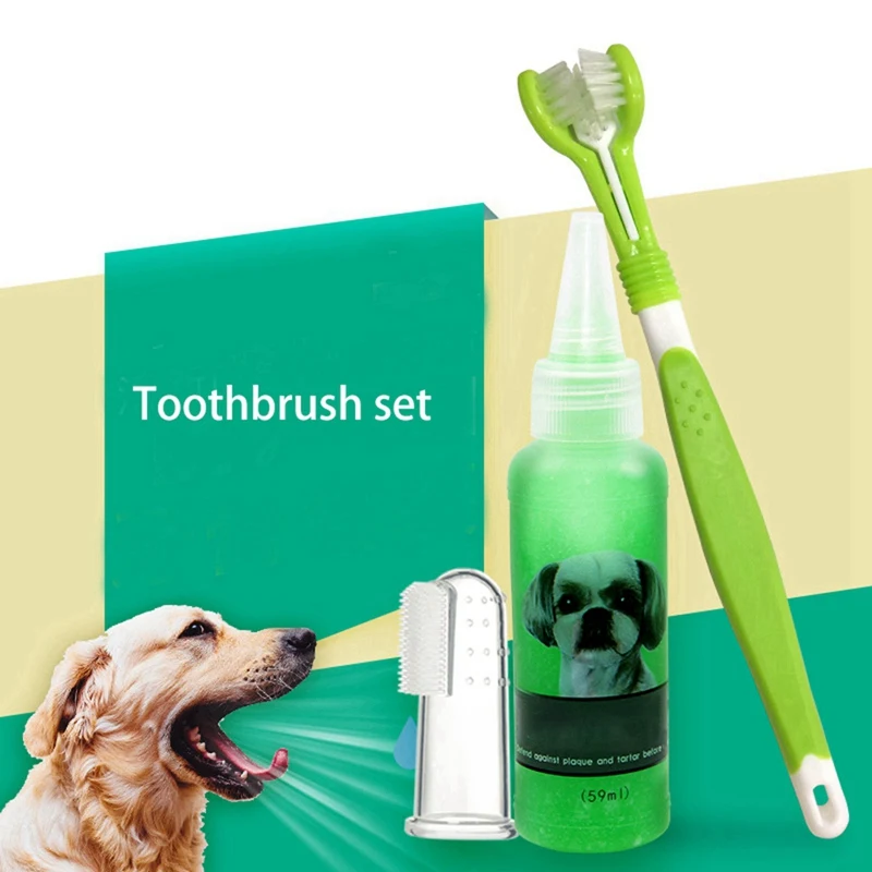 Pet Dog Teeth Cleaning Kit Three Sided Pet Toothbrush Gel Toothpaste Finger Toothbrush For Pet