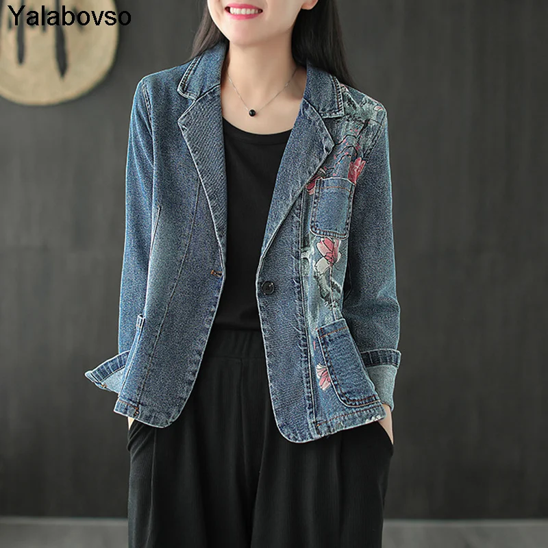 Yalabovso Floral Jackets Ladies Vintage Loose Coats 2020 Fashion Korean Autumn Oversized Clothes Womens Denim Printed Blazers