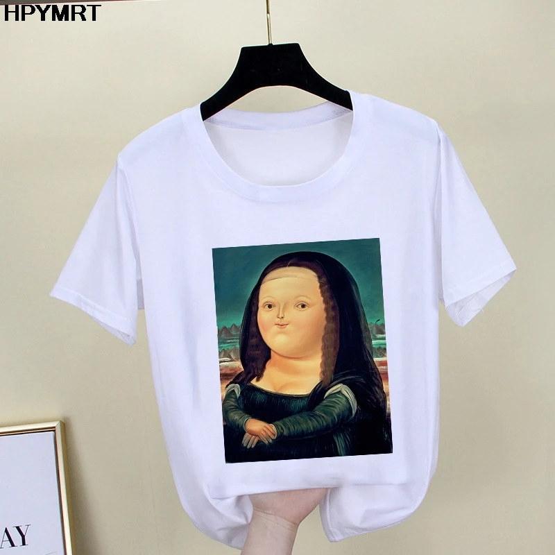 2020 New summer spoof Mona Lisa Print T Shirts Women aesthetics funny Tshirts Casual Short Sleeves Tops t-shirt Female Clothing
