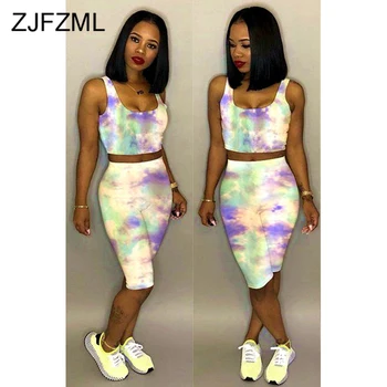 

Tie Dye Summer Plus Size Club Outfit Sweatsuit Women Sleeveless Opne Back Tank Tops and Biker Shorts Two Piece Set Tracksuit